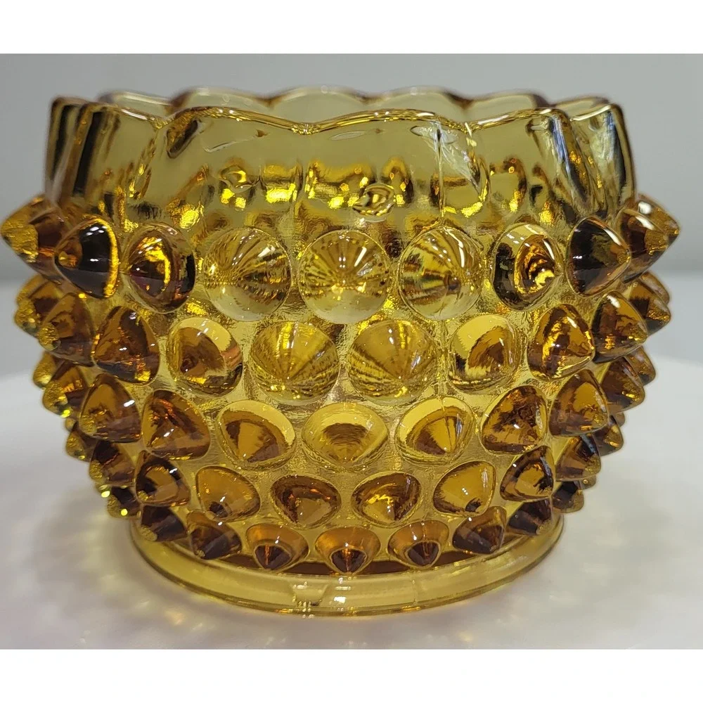 Hobnail Amber Glass Votive Candle Holder Dish Vintage MCM Scalloped‎ Edge